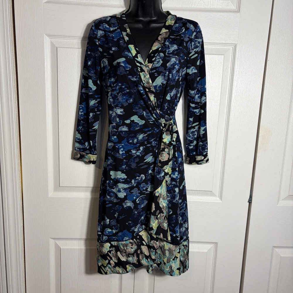 BCBGMAXAZRIA Adele Wrap Dress Women S Blue Abstract Watercolor Floral Ruffle Hem